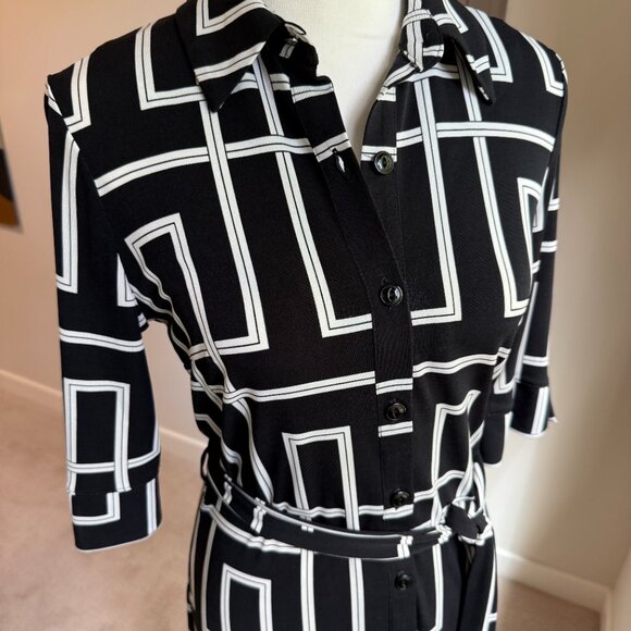 WHBM Black and White Geometric Button Down Matte Jersey Shirt Dress - Sz. 4 - Picture 8 of 16
